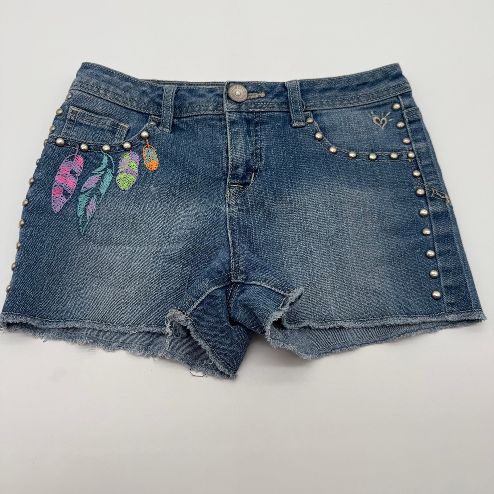 Justice Jeans Girls Denim Shorts Embroidered Feather Studded Blue Size 12R